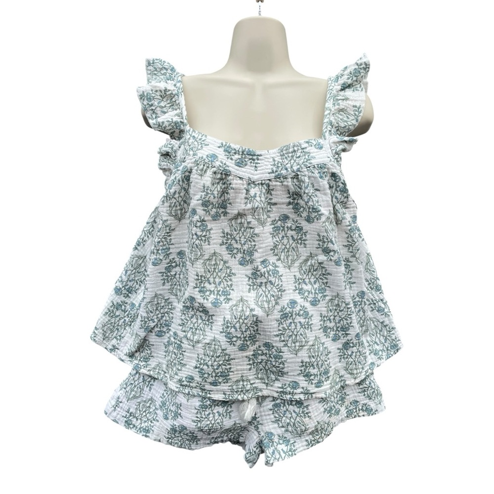 Rachel Zoe Floral Pajama Set 2 Pc Cotton Shorts Top Blue Green floral White M